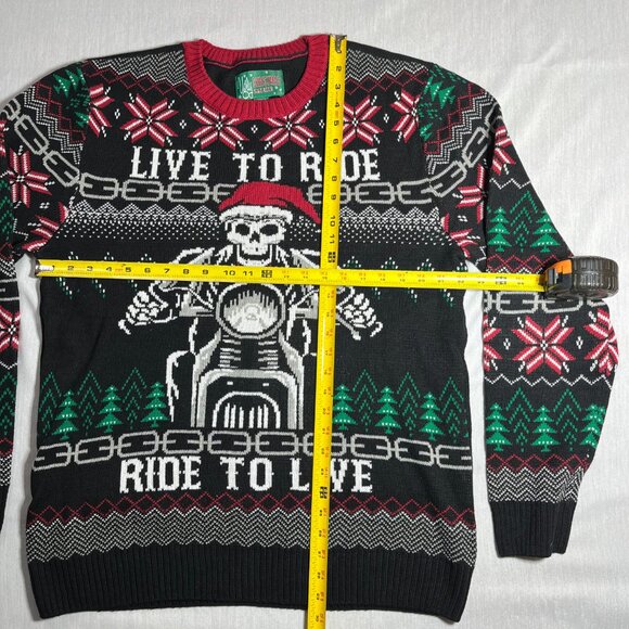 Men Ugly Christmas Sweater Live to Ride - Ride to Live Skeleton on Motorcycle XL - Picture 4 of 9